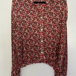 Boden Floral Pleated Button-Front Blouse | Long Sleeve | US 16